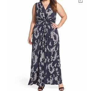 Eliza J Navy White Sleeveless Maxi Dress Size 16 Back Tie Empire Waist